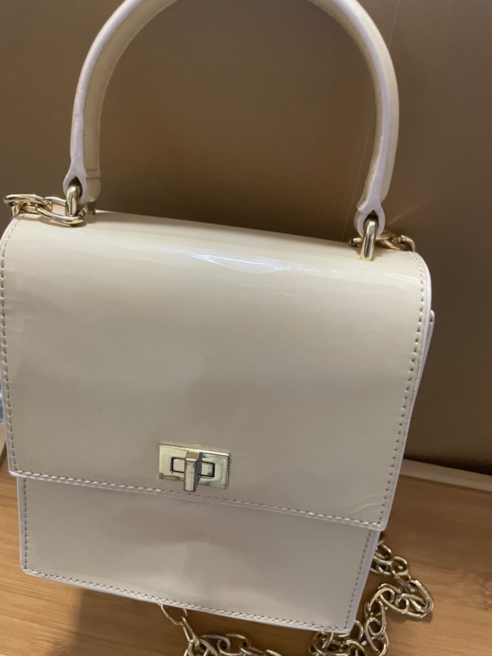 Cream Patent Mini Top-Handle Crossbody Bag with Gold Chain